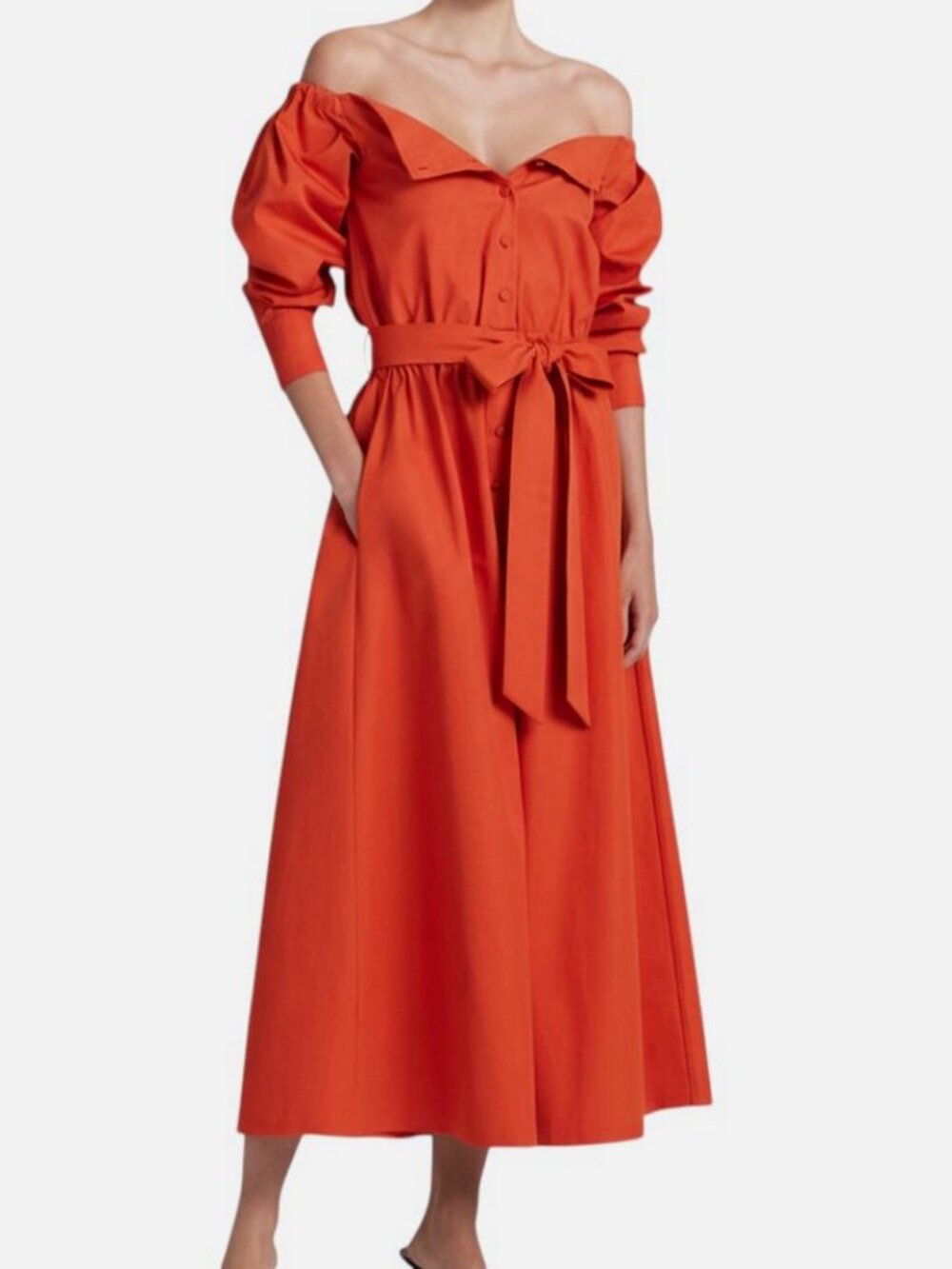 Altuzarra Women's Orange Off-Shoulder Button-Up Self-Tie Zora Dress Size 44